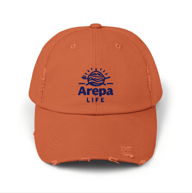 Distressed Dad Hat color terracotta — bordado del sol Arepa Life